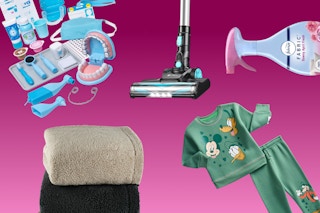 Melissa & Doug dentist set, stick vacuum, Febreze fabric spray, blanket, and Disney toddler outfit