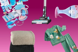 Melissa & Doug dentist set, stick vacuum, Febreze fabric spray, blanket, and Disney toddler outfit