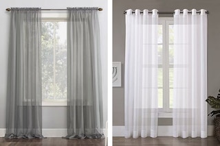 Gray and white JCPenney curtain panels.