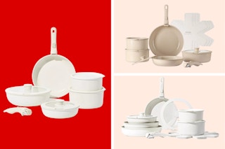 white and beige Carote cookware sets on a red and beige background