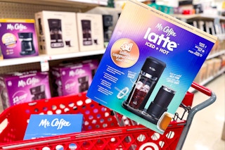 mr coffee 4-in-1 iced + hot coffee maker sitting on a target cart