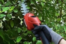 Hand holding cordless hedge trimmer. B0DRW81417