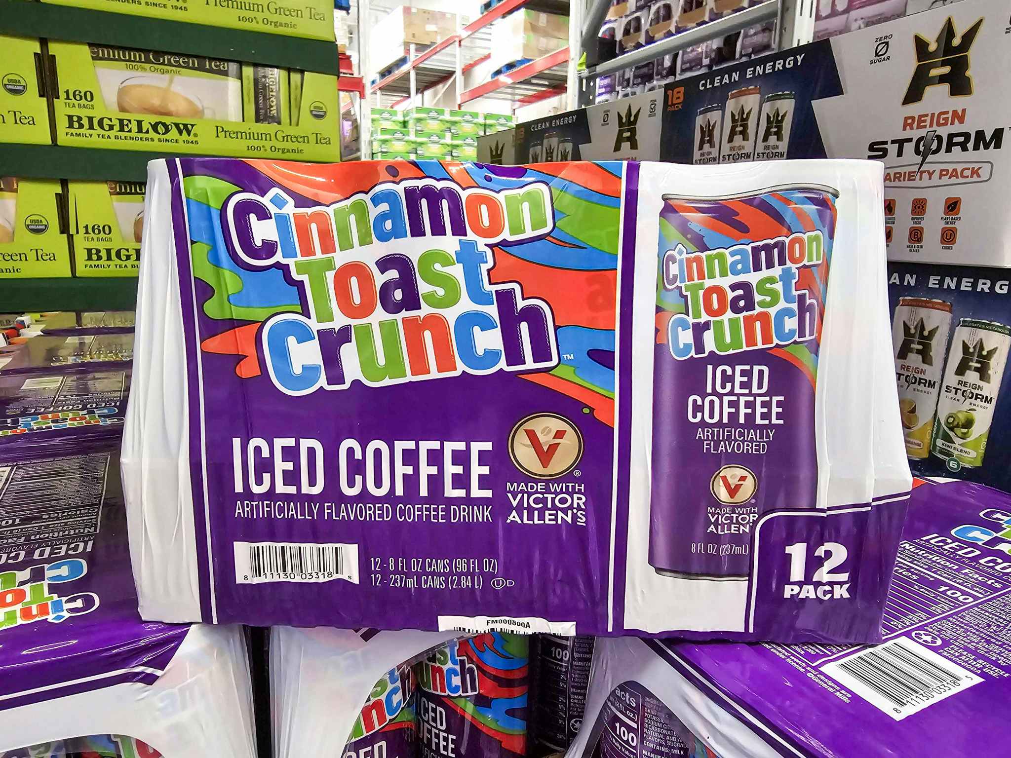 cinnamon toast crunch coffee multipack on a crate of more packs of coffee