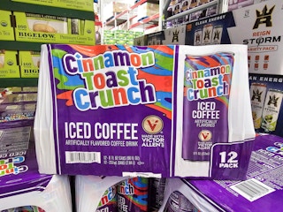 cinnamon toast crunch coffee multipack on a crate of more packs of coffee