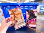 2 Schwarzkopf hair colors in front of Walmart shopping basket