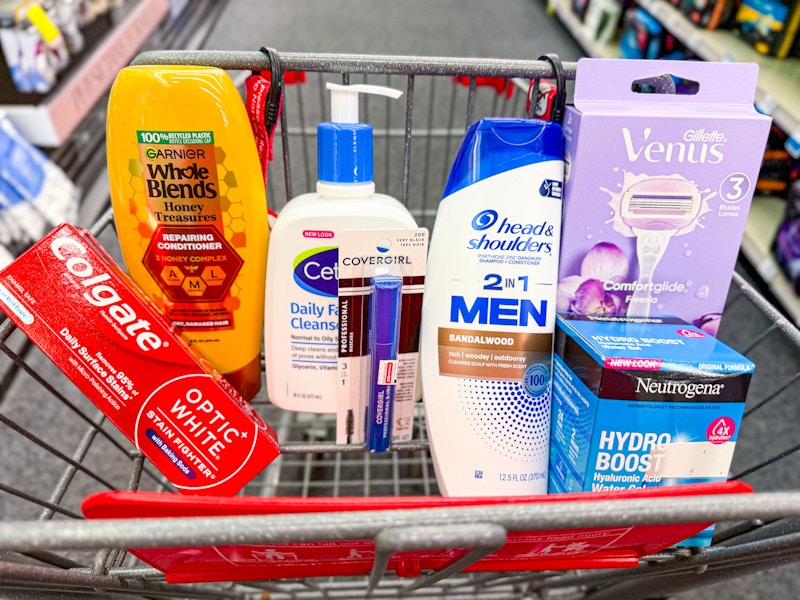 toothpaste, shampoo, mascara, razors, and more in a cart