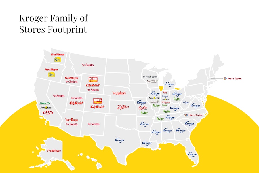 U.S. map showing the grocery stores Kroger owns.