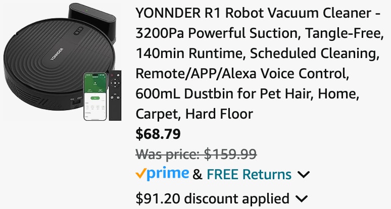 YONNDER R1 Robot Vacuum Cleaner - 3200Pa Powerful Suction