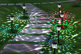 A set of solar outdoor lights by the pathway