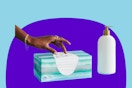 A hand reaches for a Puffs with lotion tissue from a 124 count box. A brandless lotion bottle is beside it
