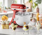 a KitchenAid mixer with an ice cream maker next to bowls of ice cream
