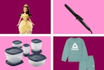 Disney Princess Belle doll, Revlon curling iron, Reebok toddler outfit, and Rubbermaid storage