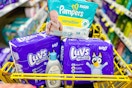 luvs, pampers, and aveeno products in a yellow shopping cart