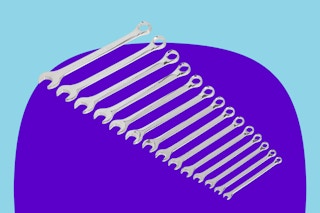 GEARWRENCH 14 Piece 6 Point Combination Metric Wrench Set on a blue background.