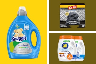 Household Supply Collage: Snuggle Softener, Glad Trash bags, All might pacs