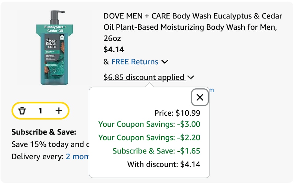 Dove body wash Amazon receipt