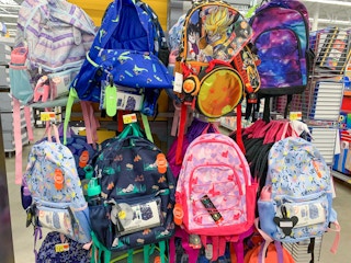kids backpacks on walmart aisle end cap