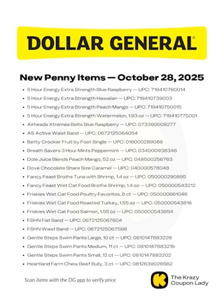 graphic of list of dollar general penny list items for oct 28