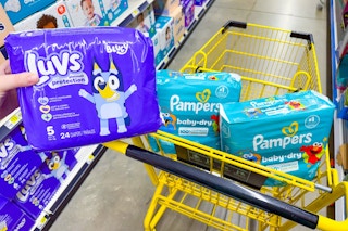 pampers and luvs diapers in a dollar general shopping cart