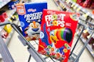 frosted flakes and froot loops cereal in a cart