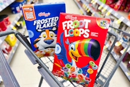 frosted flakes and froot loops cereal in a cart
