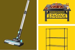 cordless stick vacuum, fire pit, and storage shelf