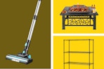 cordless stick vacuum, fire pit, and storage shelf