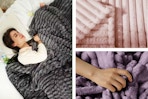 3 lifestyle photos of king Kayamas blankets: Gray, Pink & Purple