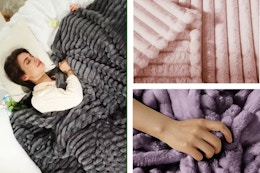 3 lifestyle photos of king Kayamas blankets: Gray, Pink & Purple