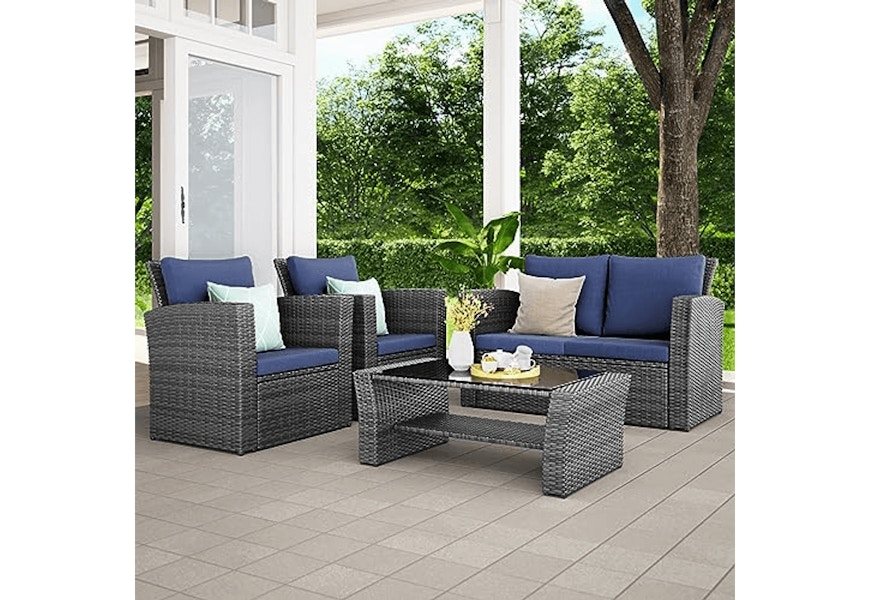 Wisteria Lane 4 Piece Outdoor Patio Furniture Sets, Wicker Conversation Set for Porch Deck, Grey Rattan Sofa Chair with Cushion (Blue