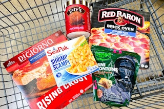 digiorno, edy's, seapak, red baron, bibigo products together in a shopping cart