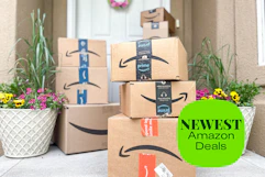 cool women with amazon packages on a front porch