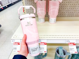 hand holding a stanley tumbler in front of a target shelf