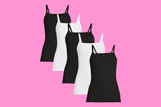 black and white cami tanks on a pink background