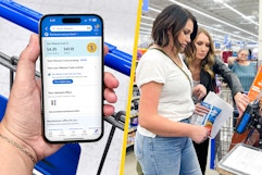 a phone showing the walmart cash balance on the app, and two women checking out at Walmart