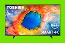 a toshiba tv on a green background