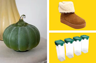 a glass green pumpkin, a boot, and food storage containers in a collage