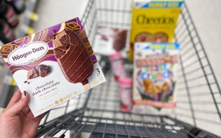 walgreens cart with haagen dazs ice cream, cheerios cereal, cinnamon toast crunch cereal, and nature's bounty hair skin and nail gummies