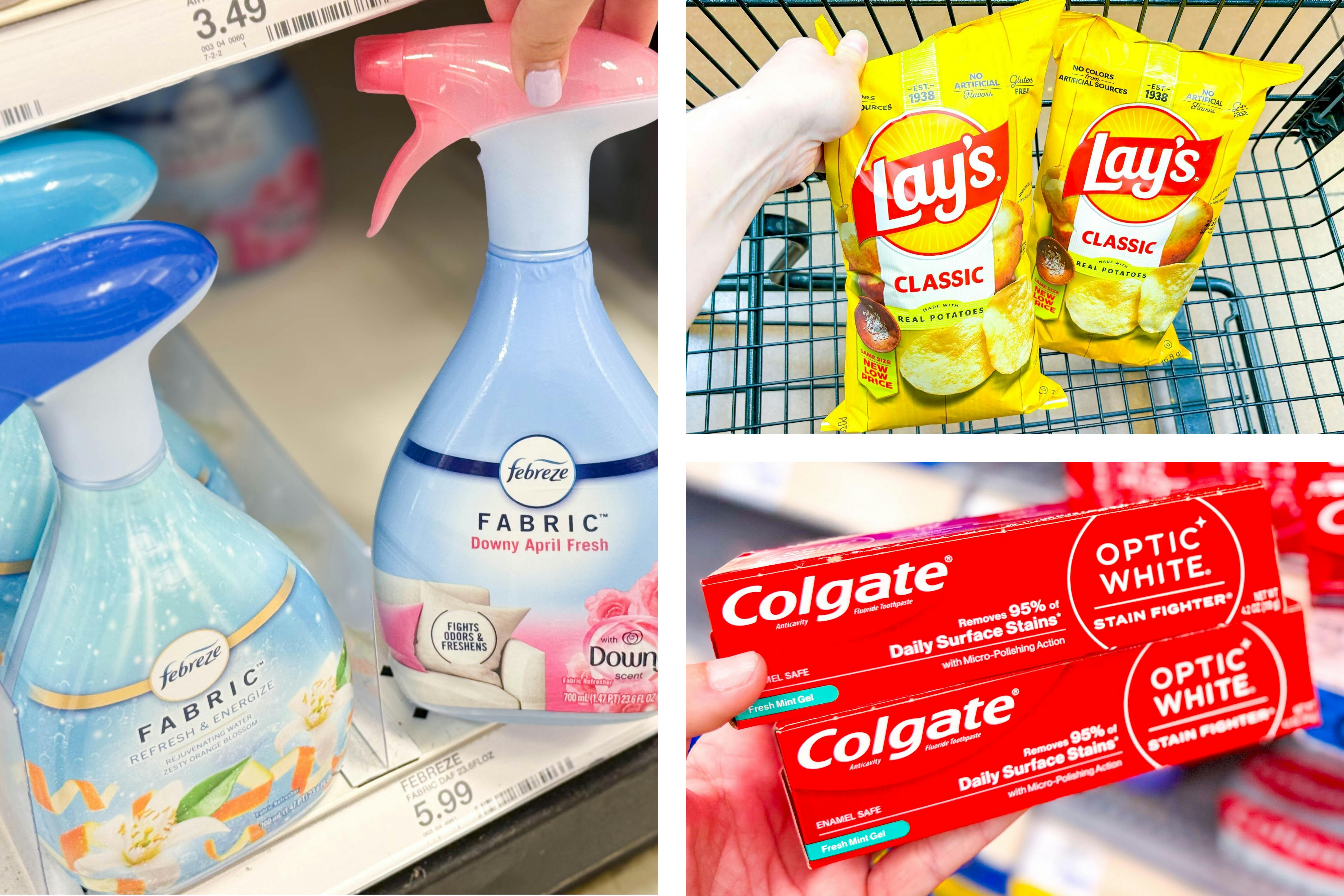 collage with febreze, colgate, and lay's products