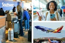 someone at the southwest airlines counter, a woman holding plane tickets, and a Soutwest airlines plane taking off