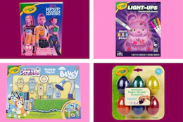 collage with egg-shaped crayons, bluey playset, light-up bunny, and k-pop demon hunters coloring book