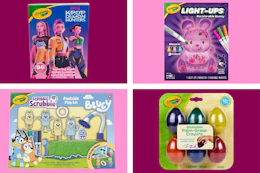 collage with egg-shaped crayons, bluey playset, light-up bunny, and k-pop demon hunters coloring book