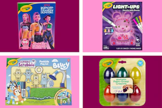 collage with egg-shaped crayons, bluey playset, light-up bunny, and k-pop demon hunters coloring book