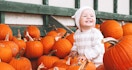 smiling toddler surrounded by pumpkins