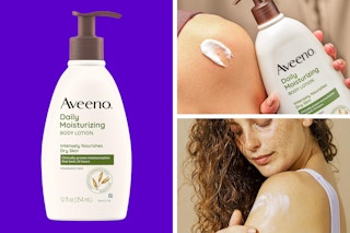 A bottle of Aveeno lotion, a shoulder with a glob of lotion and the lotion bottle, a woman rubbing lotion into her arm
