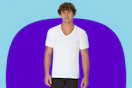 Male model wearing a white Hanes v-neck t-shirt