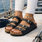 a pair of Birkenstock sandals on a model's feet