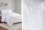 Lifestyle image of a BHG 3-piece bed set and close up shot of the floral pattern