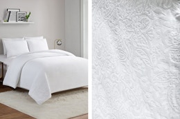 Lifestyle image of a BHG 3-piece bed set and close up shot of the floral pattern