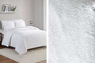 Lifestyle image of a BHG 3-piece bed set and close up shot of the floral pattern